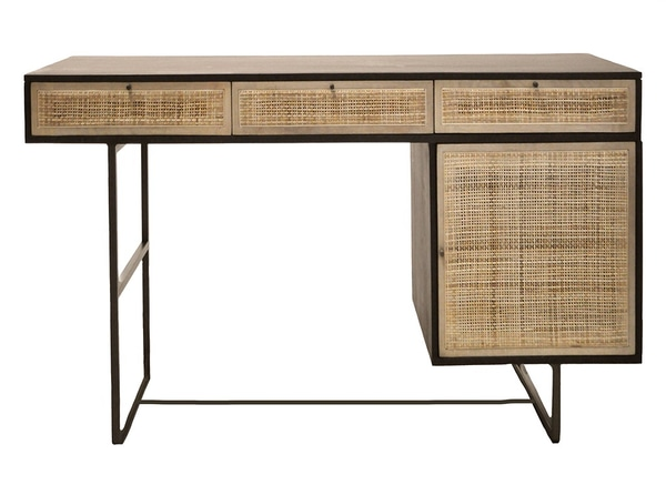 Desk, three drawer and one door rattan front