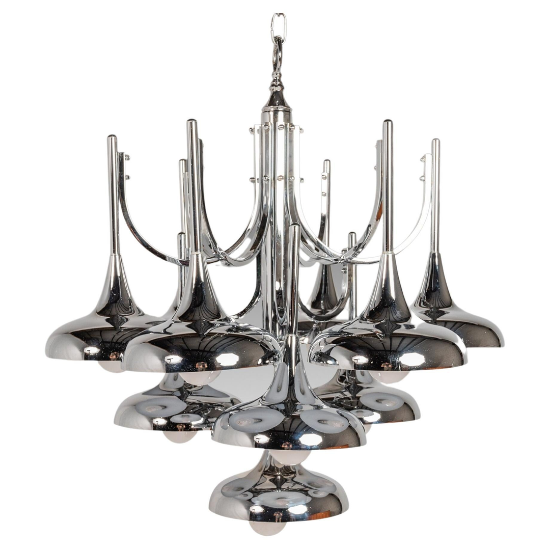 Mid-Century Modern 10-Light Chrome Trumpet Lamp Chandelier Attributed to Reggian