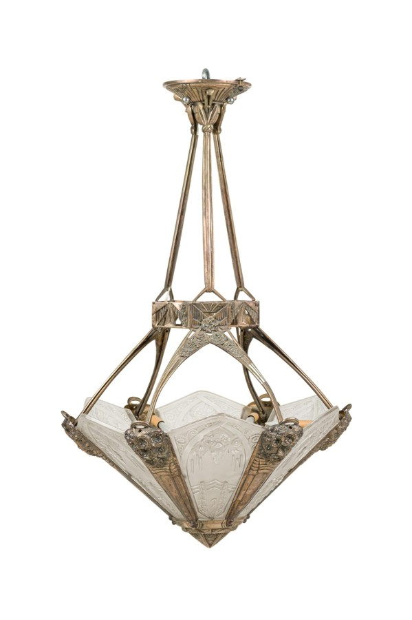 French Art Deco chandelier with 6 flared frosted geometric glass shades