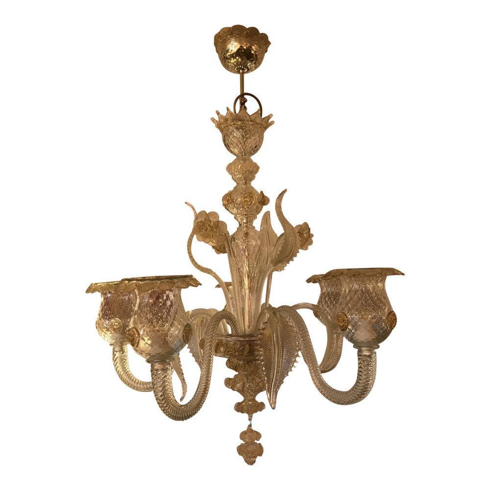 Murano Art Glass, 5 Light Chandelier, W/ 24k Gold Embellished