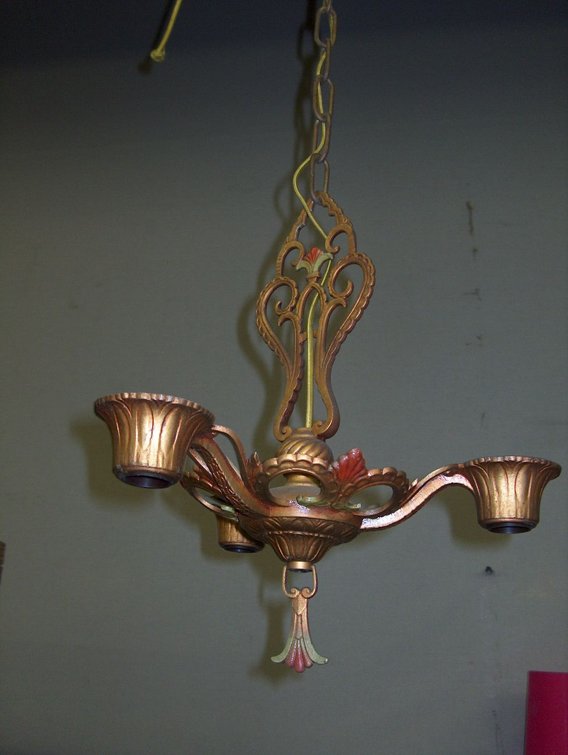 Hanging Fixture, 1920's, Spanish, Gold With Green And Orange, 3 Bulbs, Fixtures, Gold, Multi-colored, Indoor Hanging Fixture, Hanging Fixture, No Visible Wear And Tear, Iron, 1920's, Spanish