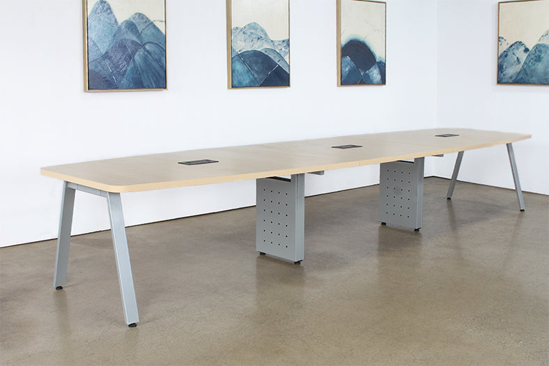 Boat Shaped Adjustable Conference Table W/Oblique Silver Legs