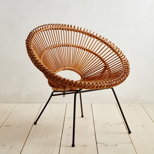 Vintage Rattan Circle Chair with Black Metal Frame