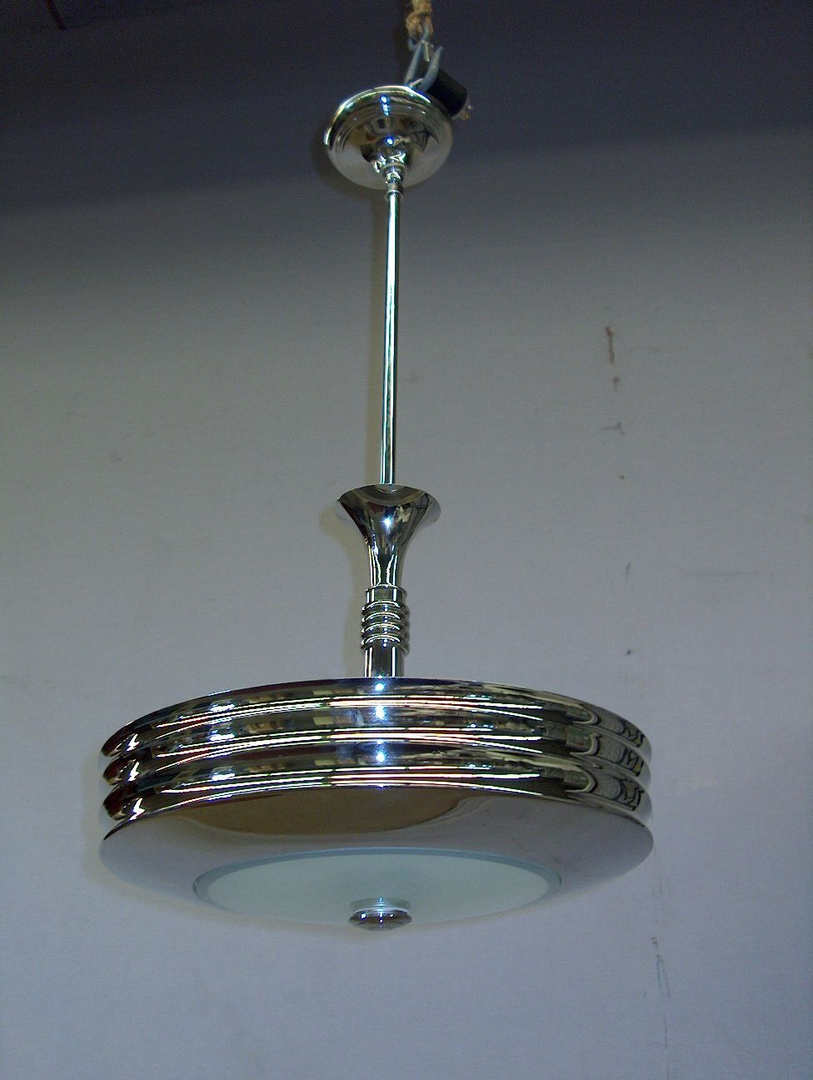 Hanging Light Fixture, Chrome & Glass, Art Deco Reproduction, Fixtures, Silver, Translucent, Indoor Hanging Fixture, Hanging Fixture, No Visible Wear And Tear, 16"Dia, 30"H, 023110089180001, Chrome-plated, Glass, Reproduction