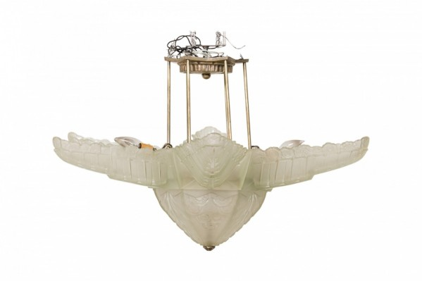 Art Deco French Frosted Glass and Metal Flower Form Chandelier