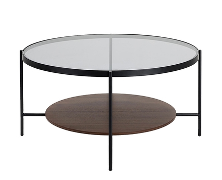 Coffee Table, round tempered smoke glass top, walnut shelf