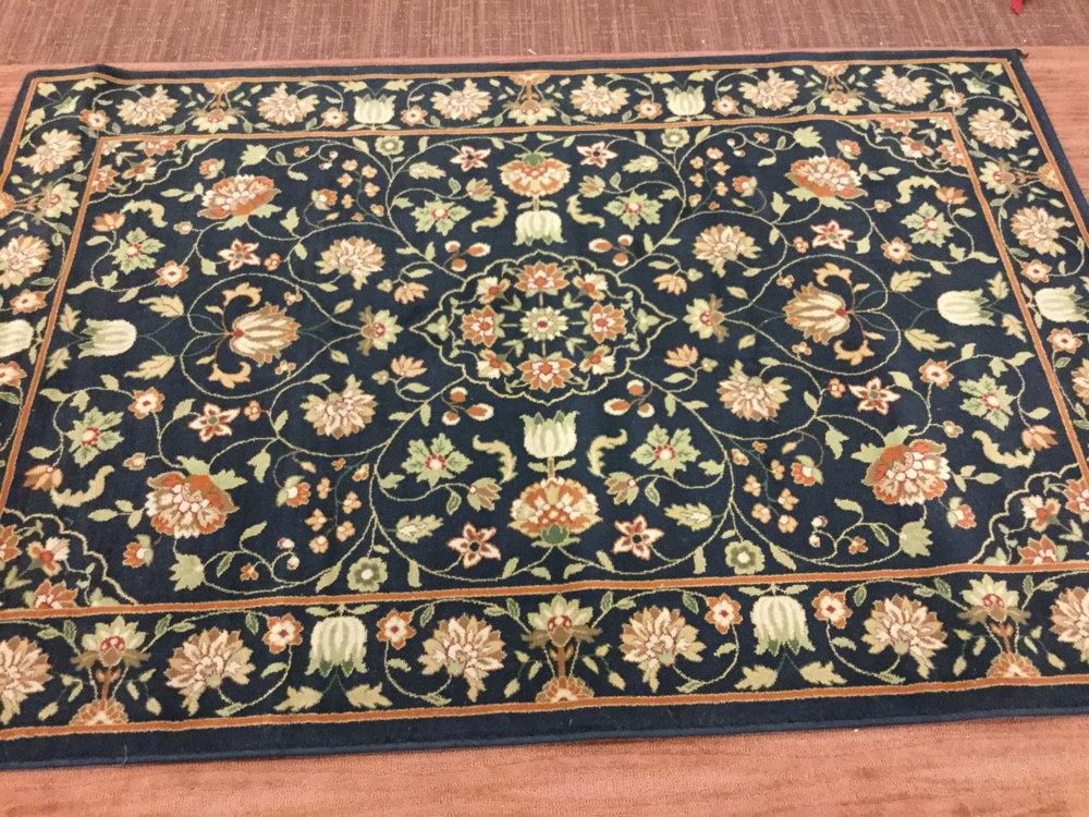 Area Rug, 5' X 8', Black Field With Tan And Green Floral, 2- 1/2" Rust Ribbon Squares, 2" Black Border. # 487, Drapery, Black, Rust, Area Rug, RUGS, Tan, Green, No Visible Wear And Tear, 5', 8', UNIVERSAL, Polyester Blend, Victorian