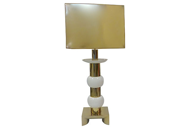 Large Brass & Ceramic Lamp w/ Shade