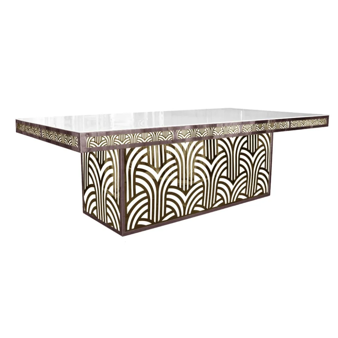 Art Deco Dining Table Gold 48"x96" Rectangular White Acrylic Top