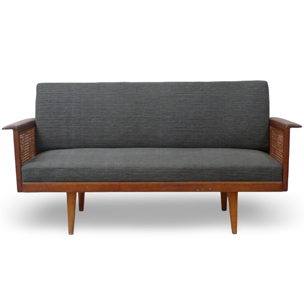 Loveseat, Sofa, Gray Linen, Teak