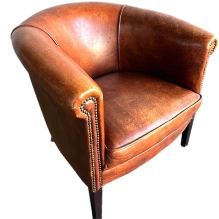 Dappled Distressed Brown Leather Barrel Back Arm Chair