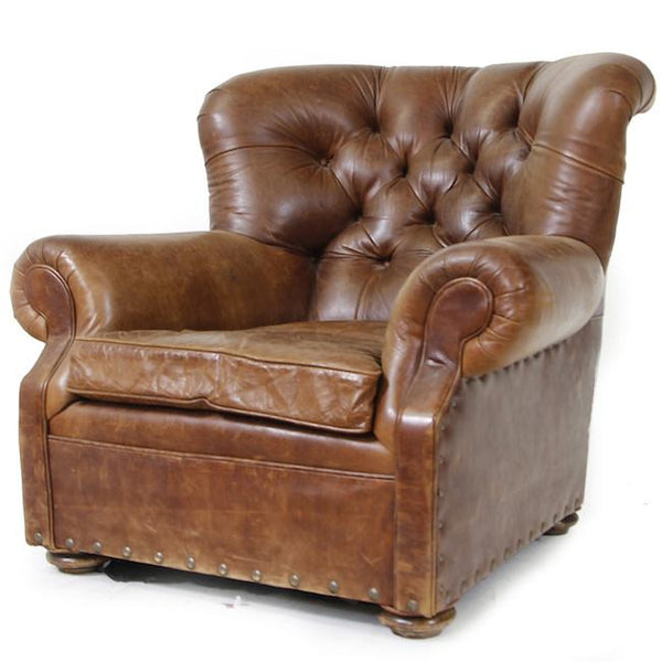 Brown Tufted Leather Heavy Vintage Arm Chair