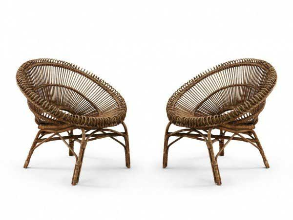 2 Mid-Century French Round Bamboo and Rattan Chairs