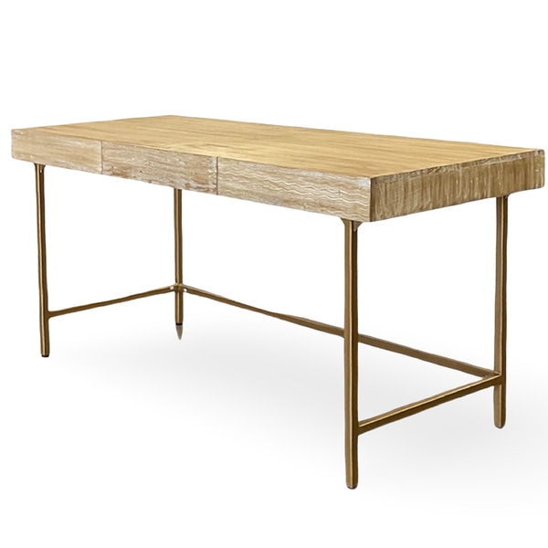 Desk; natural wood, white washed, antique gold legs,