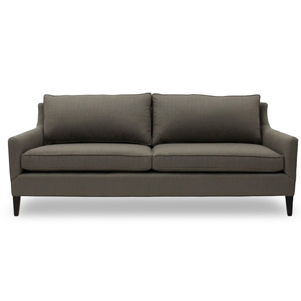 Sofa; brown taupe upholstered sofa with wood legs