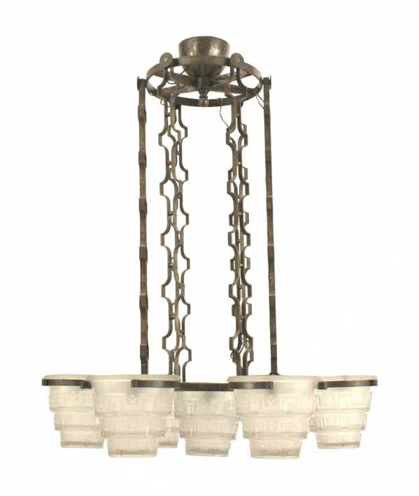 French Art Deco Brandt Wrought Iron and Glass Chandelier