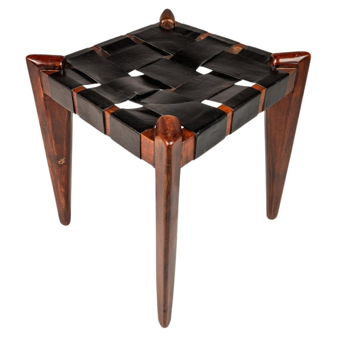 Footstool / Ottoman in Solid Teak & Leather by Edmond J. Spence, USA, c. 1950s