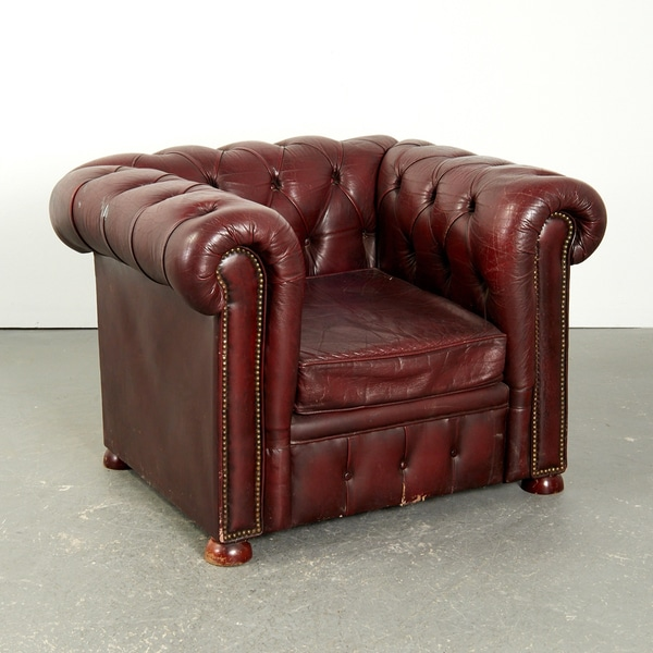 Antique Maroon Leather Chesterfield Armchair