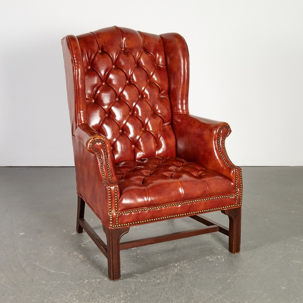Georgian Style Button Tufted Auburn Leather Wing Chair
