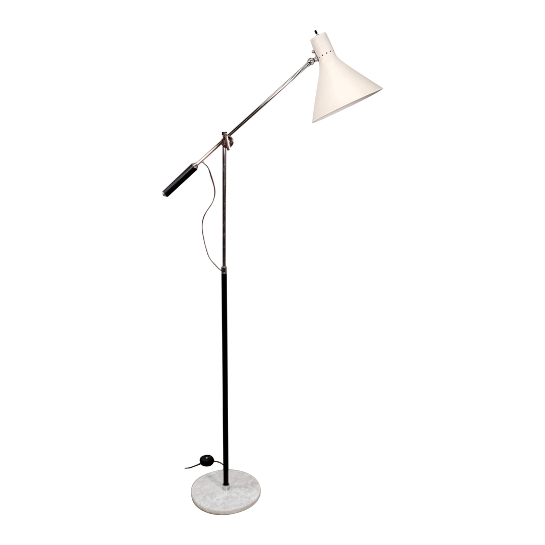 Angelo Lelli for Arredoluce Single-Arm White Adjustable Floor Lamp