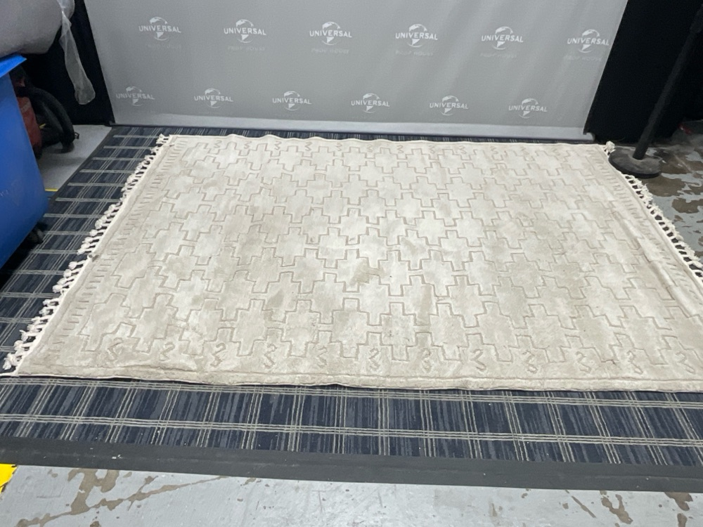 This Off White Textured Moroccan Style Geometric Area Rug With Fringed Ends., Drapery, Off-white, Area Rug, RUGS, 6.3', 9.6', UNIVERSAL