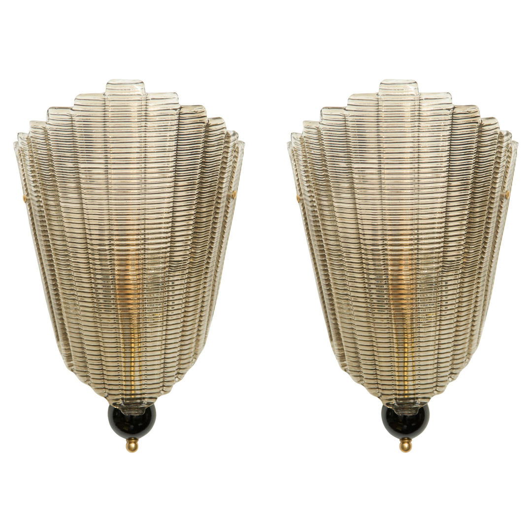Pair of Art Deco Style Murano Smoked Glass Wall Sconces, Italy Contemporary
