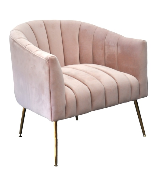 Accent chair: pink velour barrel with gold tapered metal legs