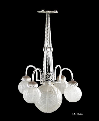 CHANDELIER, Art Deco 5 light electric silver painted iron 4 curved down-arms each for 6"dia.frosted glass ball shade, and center shade fitter for 10-1/2"dia. frosted glass ball shade 24"dia x 26-3/4"H