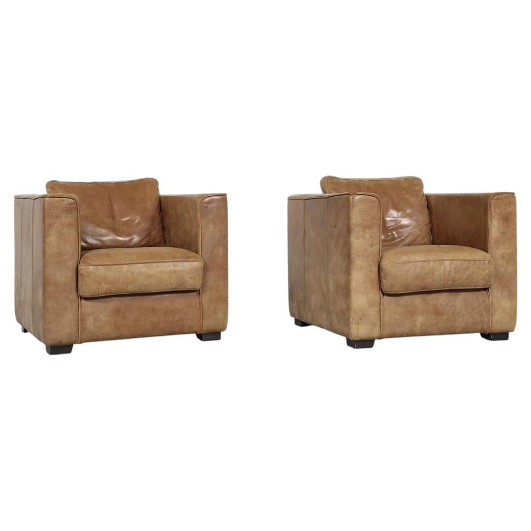 Italian Mid-Century Natural Leather Club Chairs by Industria Divani Poltrone