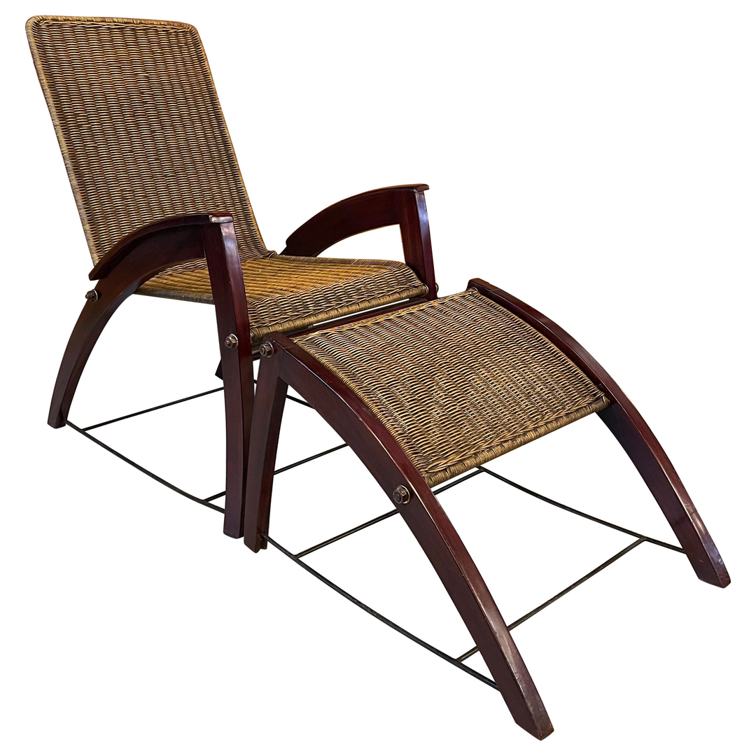 Art Deco Maple Wicker Lounge Chair Ottoman Set