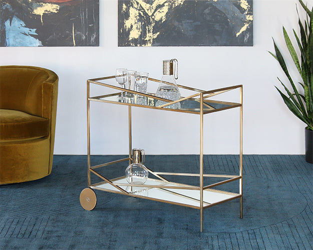 Angled Brass Bar Cart With Silver Mirrored Shelves