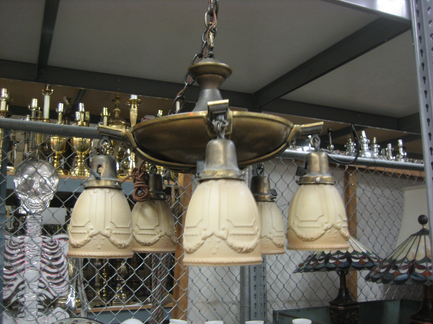Hanging Fixture, Brass Plated Steel, Period, Brass Plated, 5 Sections With Ornate Stacked Rosettes Dividers, 5 Sockets/Wired & Grounded, Fixtures, Brass Plated Steel, Indoor Hanging Fixture, Hanging Fixture, Normal Wear And Tear, UNIVERSAL, Brass Plated, Period