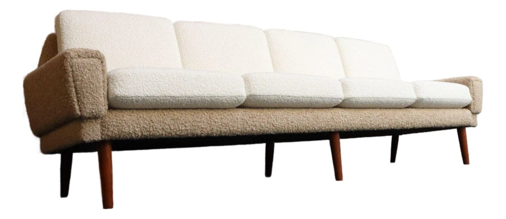 Danish Modern Four Seat Long Sofa in Teak and Two-Tone Bouclé