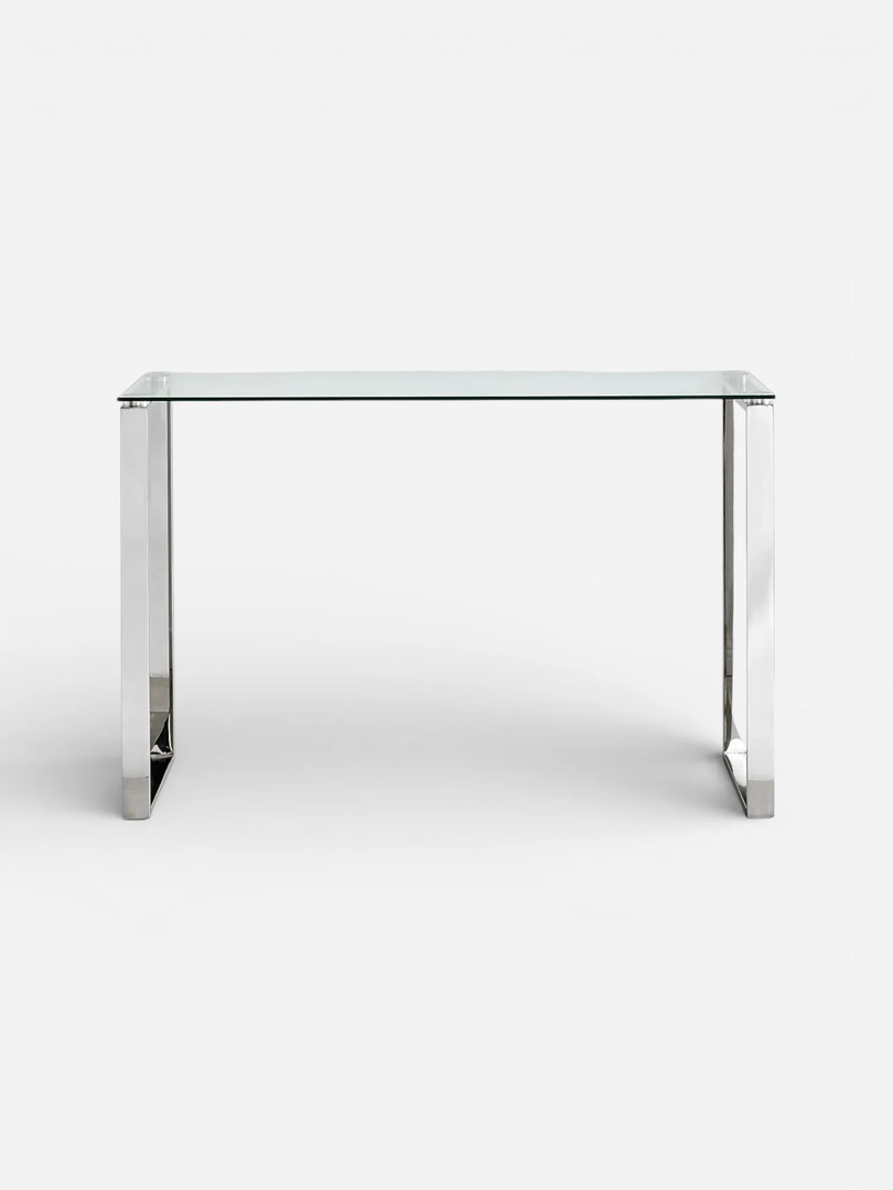 GLASS CONSOLE TABLE WITH CHROME LEGS