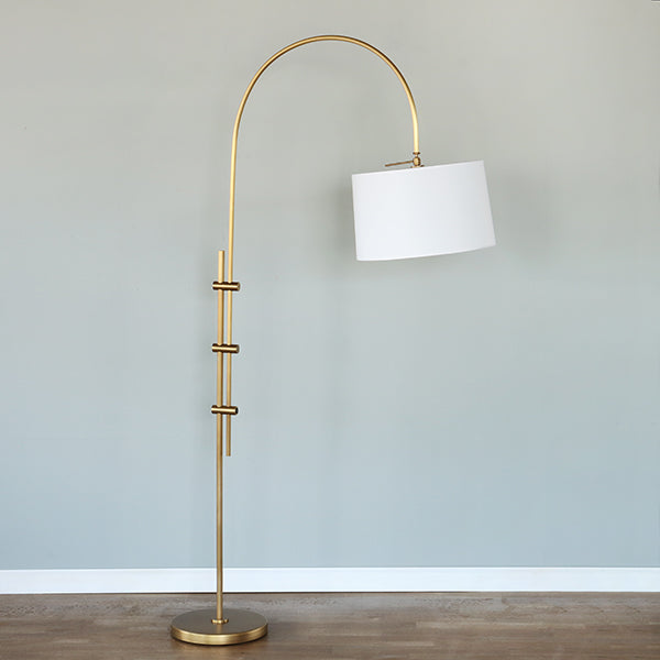 Natural Brass Arc Floor Lamp with Fabric Shade