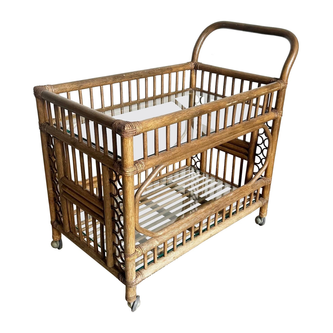 Boho Chic Bamboo Rattan and Glass Two-Tier Bar Cart