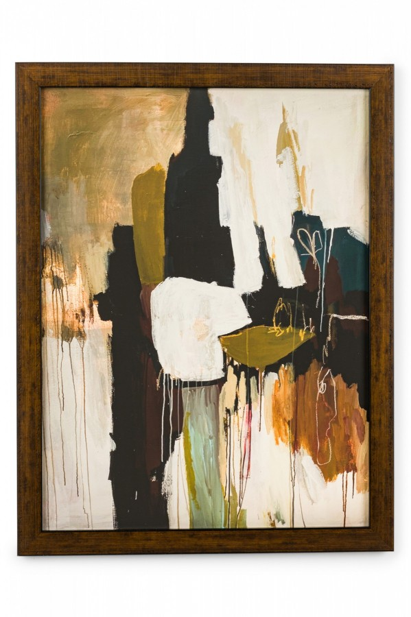 Contemporary Framed Abstract Print in Beige, Black, Green, and Rusty Red