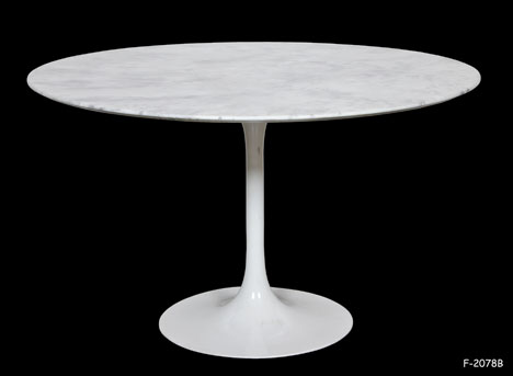 DINING TABLE: 1950's Modern, By Eero Saarinen, Grey/wWhite faux marble round top, white tulip base, powder coated finish, 47"Dia x 28-3/4"H "Do Not Paint"
