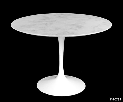 DINING TABLE: Round, 1950's Modern, Saarinen Style, White & Grey Marble Top, White Powder Coated Tulip Base, 39-1/2"Dia x 29-3/4"H "Do Not Paint" SMALL DENT AT BOTTOM OF BASE