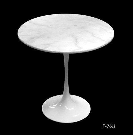 SIDE TABLE: "Eero Saarinen" C. 1954. High Gloss White Tulip Pedestal Base with 24"Dia. Faux Marble Top 20"H