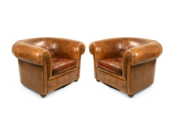 4 English Chesterfield Brown Leather Club Chairs