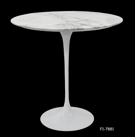 TULIP SIDE TABLE: "Saarinen" C. 1954, Round faux white Marble top on white finished aluminum base, 20"dia x 20"H REPAIRED TOP IN 1 SPOT NEAR EDGE