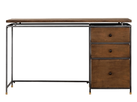 Desk; 3 drawer walnut tone wood, iron frame
