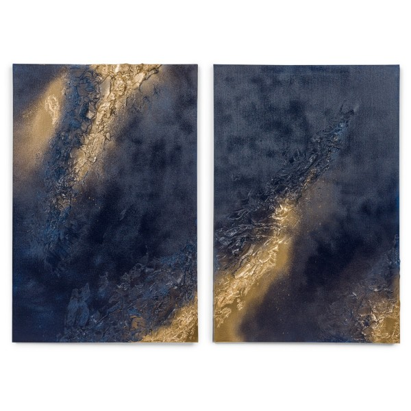 Contemporary Abstract Mixed Media Diptych Gold and Blue Textural Paintings on Canvas