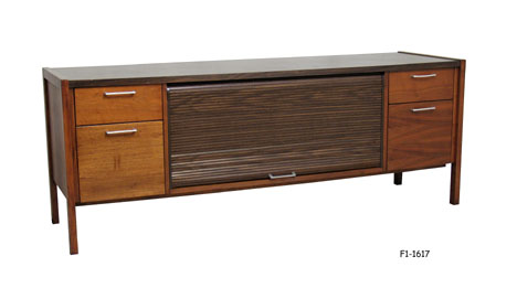 CREDENZA: 1960's Modern, laminated wood grain top w/walnut wood finish, four drawers, center roll front, five aluminum pulls, 73-1/2" X 21-3/4" X 29"H SPECIAL PACKING