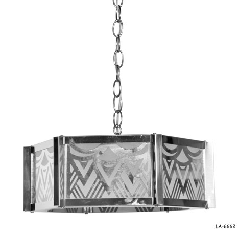 HANGING PENDANT LAMP: Deco Style, 6-Light Candleabrum Socket Cluster Inside Polished Chrome Hexagonal Box with 6 Glass Pieces, Chain Drop with Attached Power Cord, 15"dia x 5-1/4"H