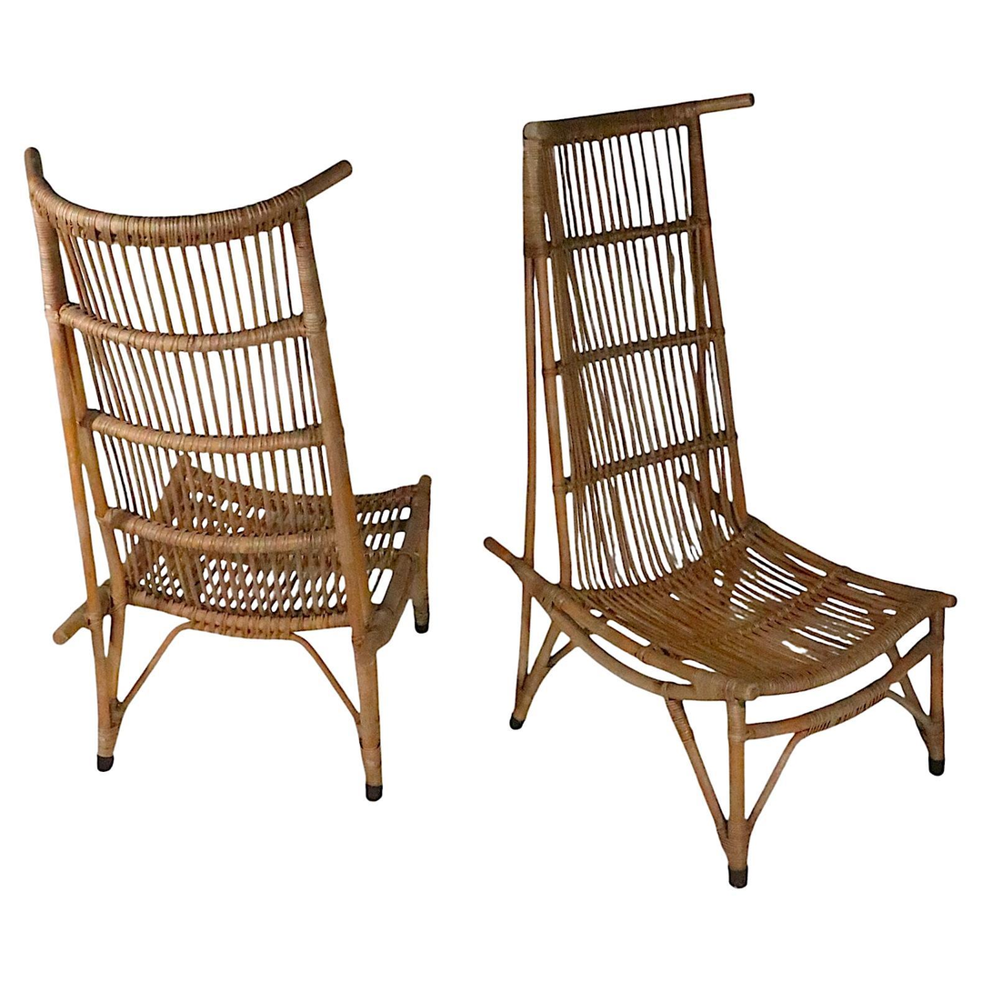 Pr. Mid Century High Back Bamboo Lounge Chairs after Audoux Minnet c. 1960's