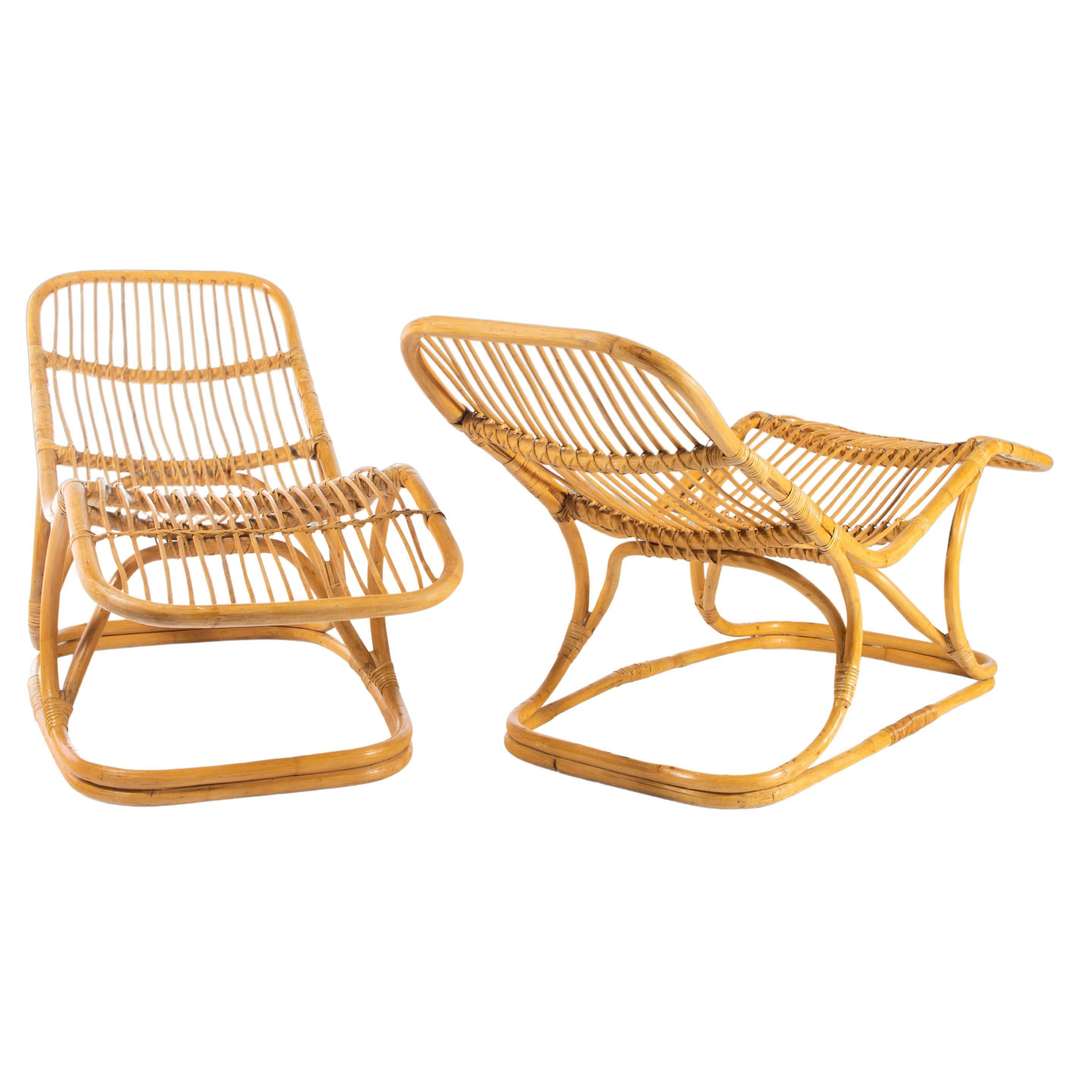 Pair of Rattan Chaise Lounge Chairs Tito Agnoli for Pierantonio Bonacina, c 1963