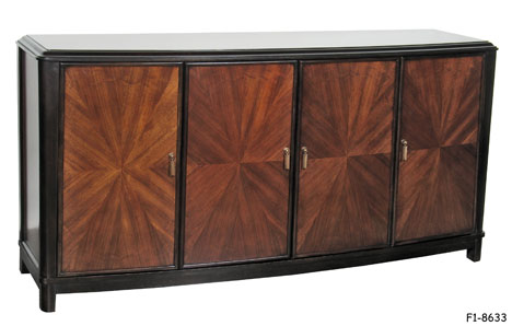 BUFFET: "Palomar" Traditional, Bow-Front Dark Stained Tropical Harwood with Dark Walnut Top; 4 Dark Walnut Bookmatch Veneer Doors-each with Cast Bronze Finished Tassle Pulls; Interior with 2 Shelves at Both Ends; Center with 1 Drawer over 1 Shelf, 71 x 20 x 37"H