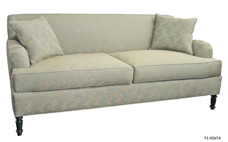 SOFA: "Ella" Tradtional Celadon cloth upholstered with yellow/gold embroidered leaf design, rusched arms, 2 loose seat and 2 loose 18"square throw pillows, dark stained turned front and rear legs, 78 x 36 x 34"H SPECIAL PACKING #208